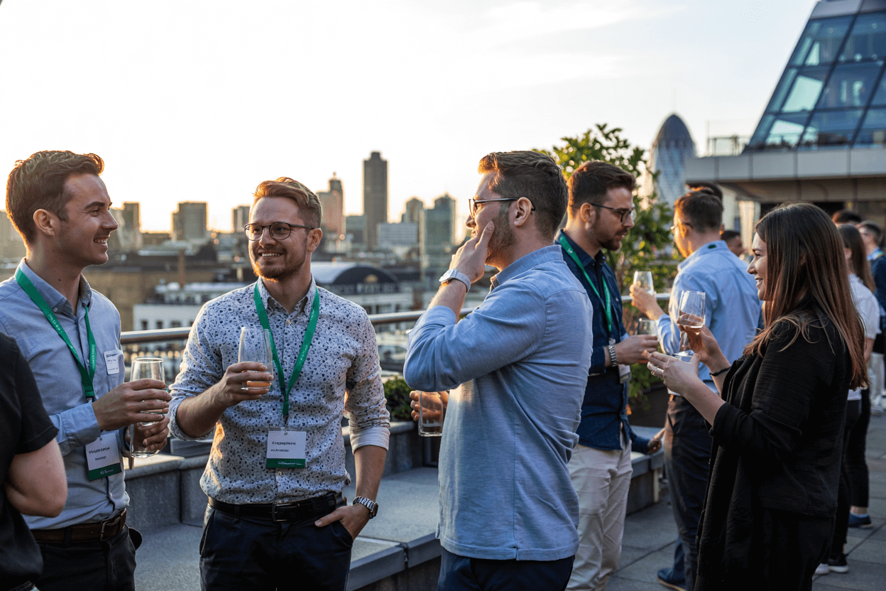 Building Meaningful Connections Beyond the Conference Room Entrepreneurs networking at a London rooftop event during sunset