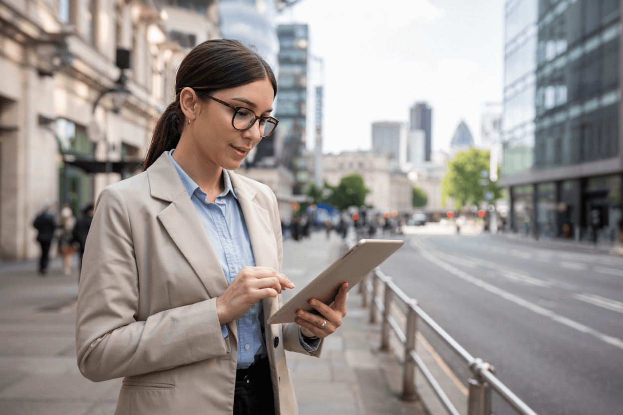 Businesswoman in London Reviewing Growth Opportunities Female entrepreneur in London reviewing business growth opportunities on a tablet