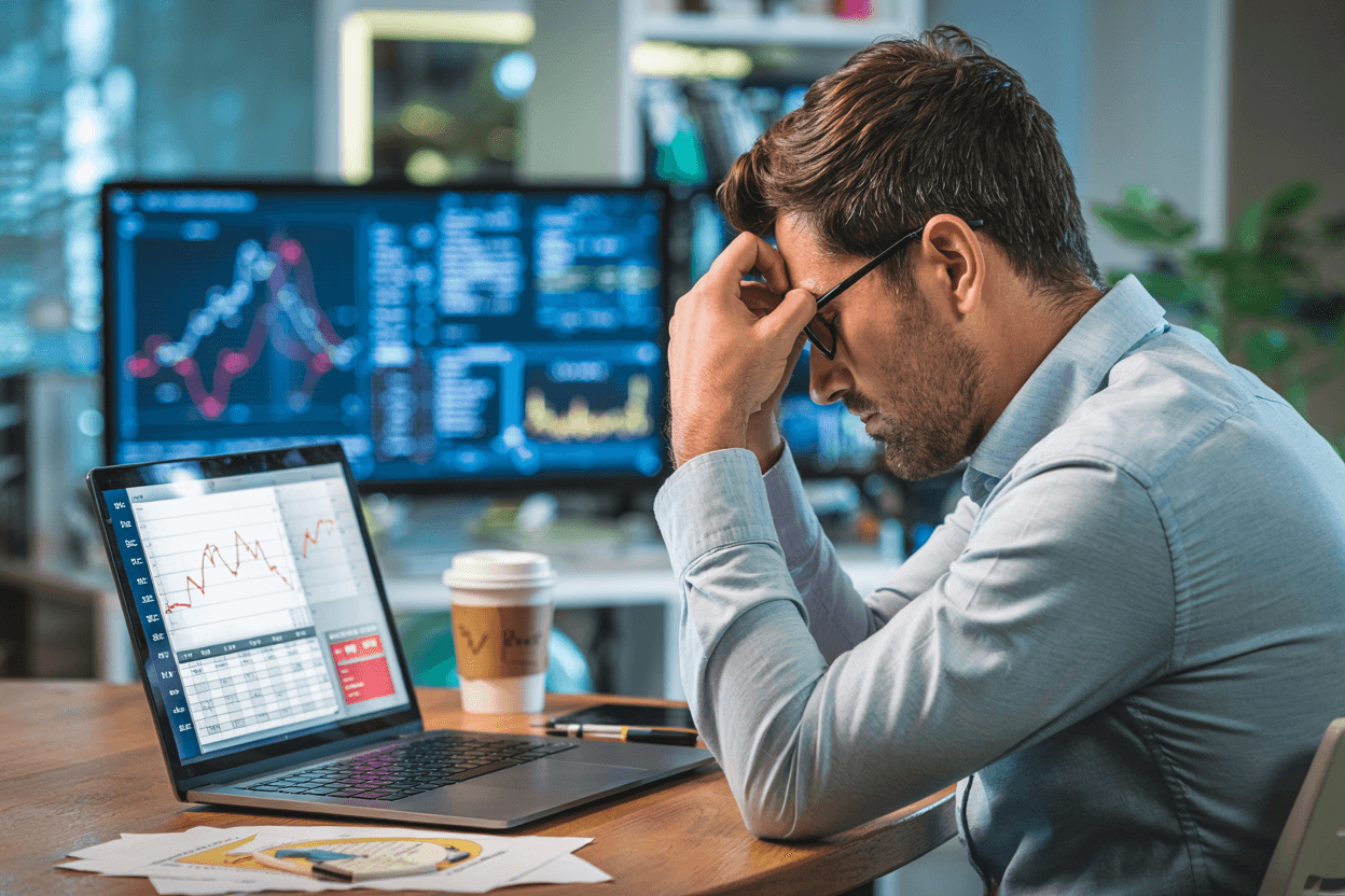 Cash Flow Problems Threatening Startup Survival Financial spreadsheet showing losses, warning signs, and a stressed startup founder reviewing cash flow problems.