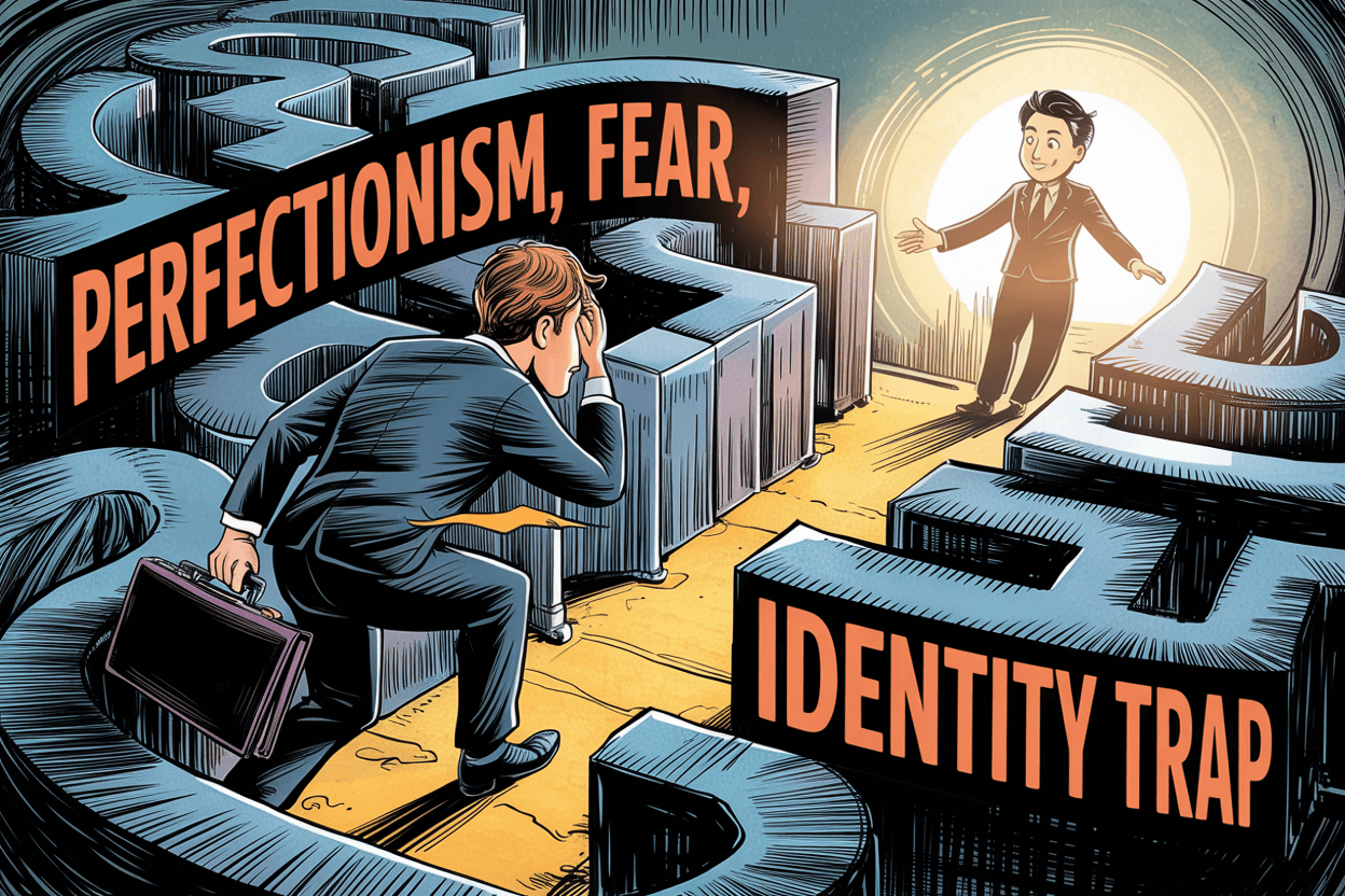 Illustration showing the common pitfalls of mid-career transitions like perfectionism, identity trap, and solo strategy