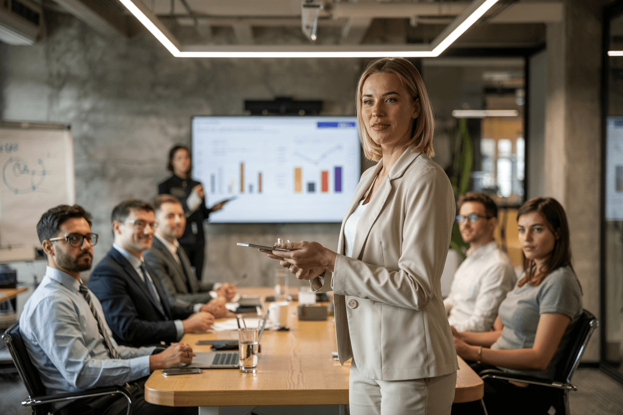 Female Entrepreneur Successfully Pitching Investors Confident female entrepreneur in London pitching to investors after coaching success