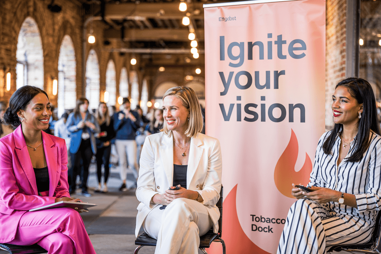Female Founders Connecting at Tobacco Dock Female founders networking and sharing insights at Female Founders Accelerate 2025