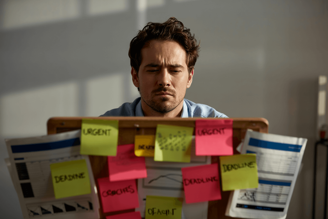 Overwhelmed Entrepreneur Struggling with Decision Fatigue Business owner experiencing decision fatigue and early signs of entrepreneurial burnout