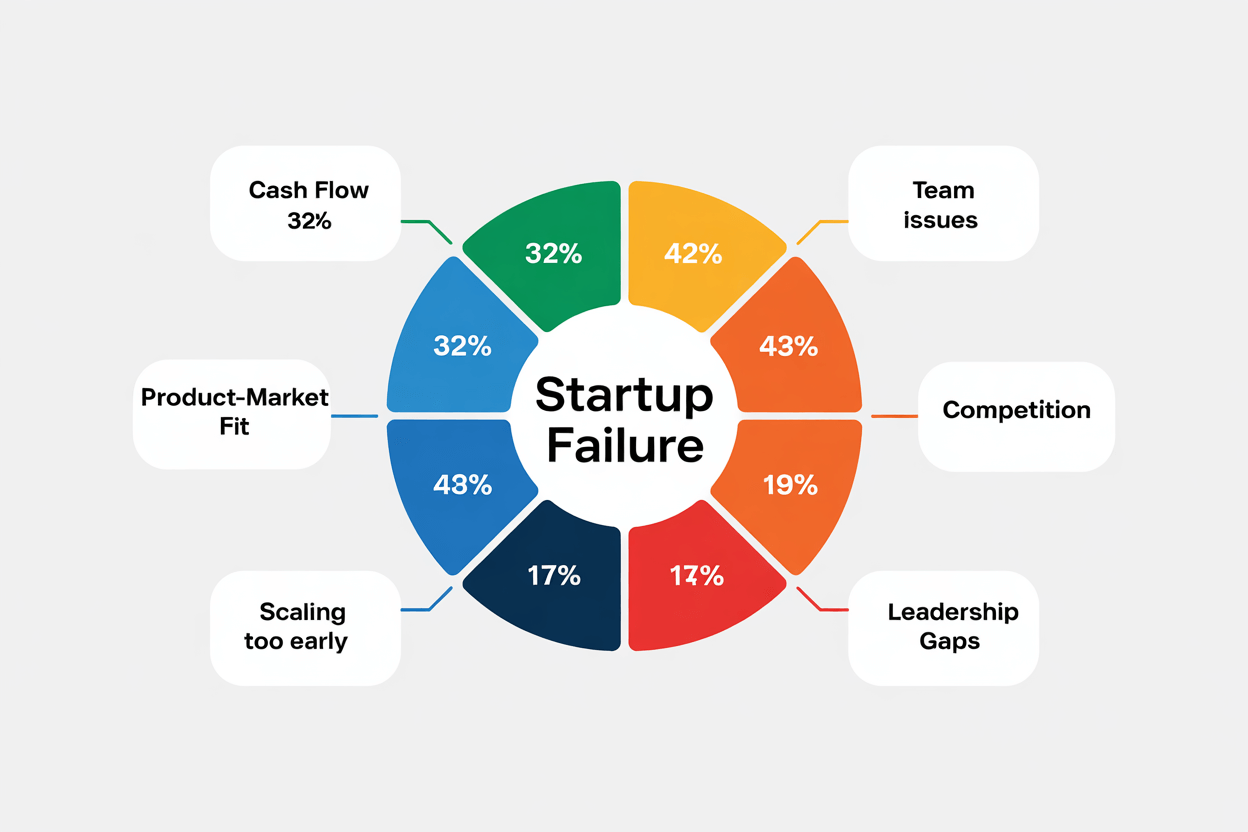 Pie Chart Showing Top Causes of Startup Failure Clean pie chart visualizing key reasons why startups fail, including cash flow problems, market fit issues, team mistakes, competition, and leadership gaps.