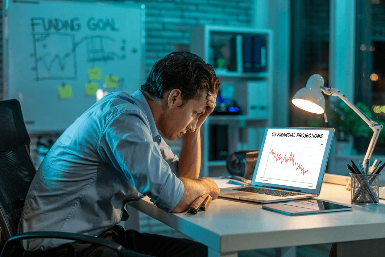 Startup Founder Facing Financial Crisis Late at Night A startup founder sits alone late at night, stressed over financial projections showing limited cash runway.