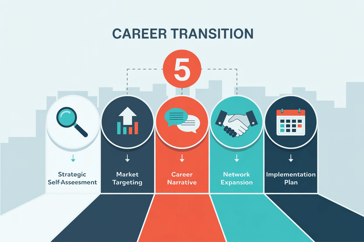 Infographic displaying five elements of mid-career change: self-assessment, targeting, career narrative, network, and implementation plan