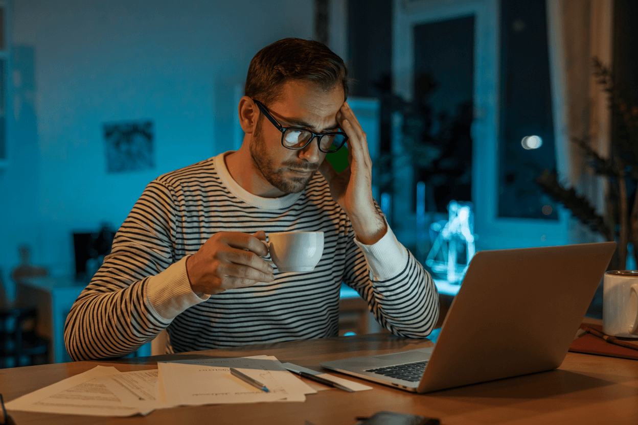 Tired Business Owner Facing Entrepreneurial Burnout A stressed entrepreneur working late at night facing signs of burnout
