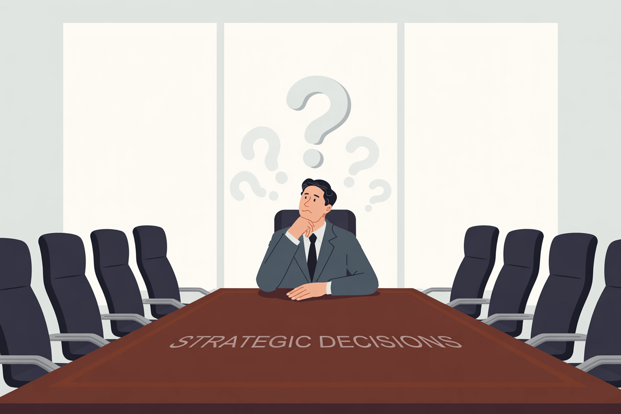 Illustration of a lonely business owner sitting at a boardroom table, struggling with isolated decision-making