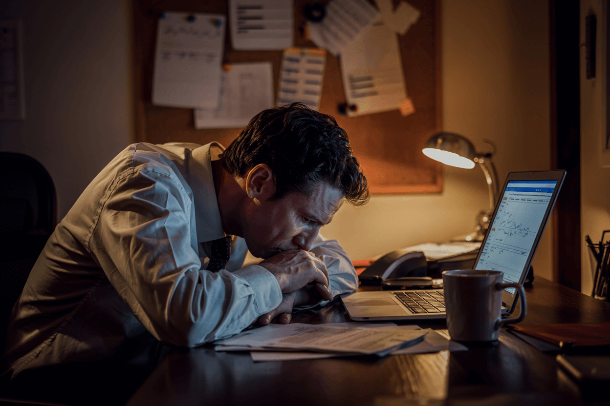 Tired entrepreneur working late into the night with paperwork and a laptop, showing burnout and stagnation