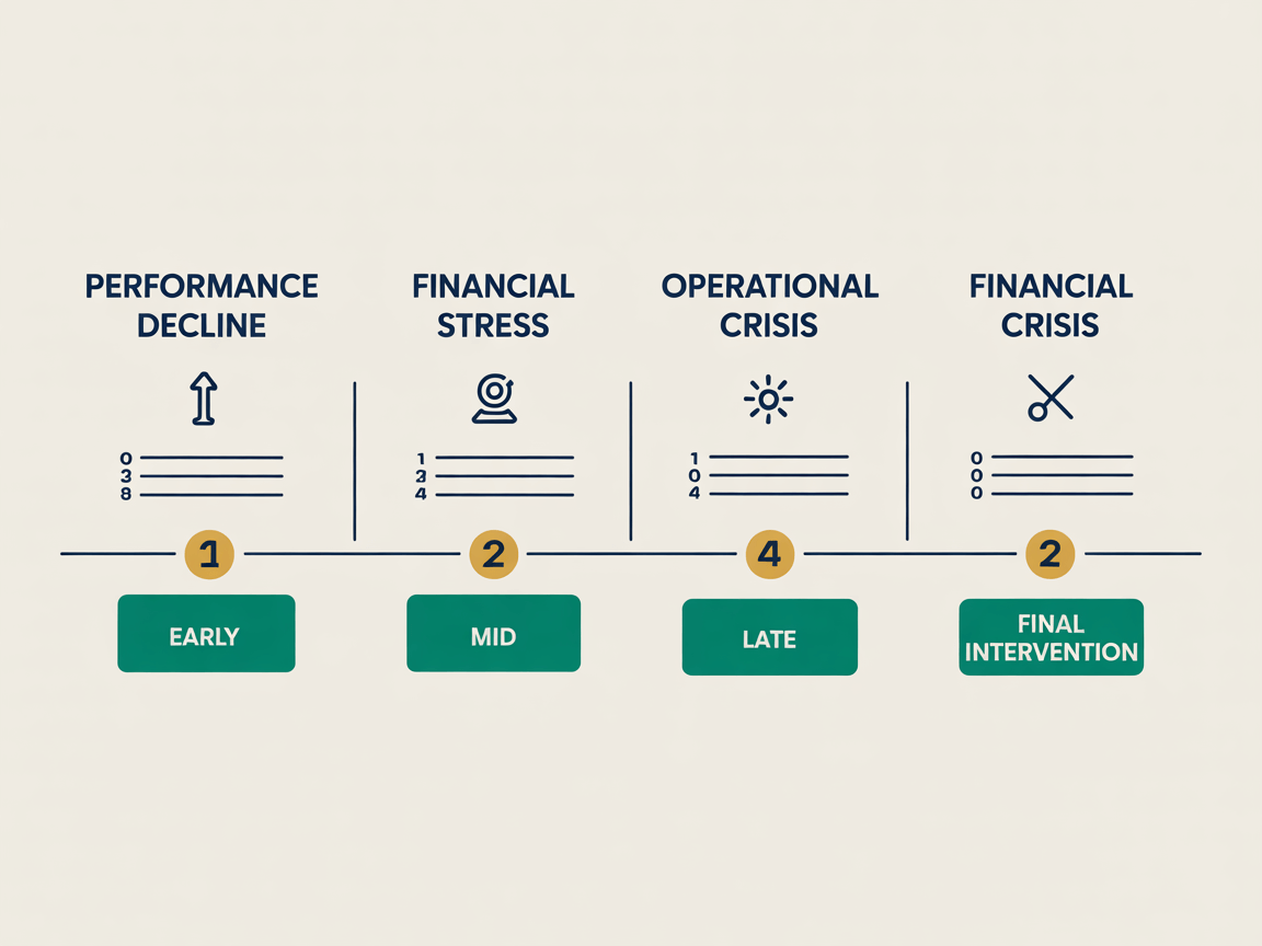 Business Failure Timeline with Intervention Points business failure timeline with intervention points stages and actions