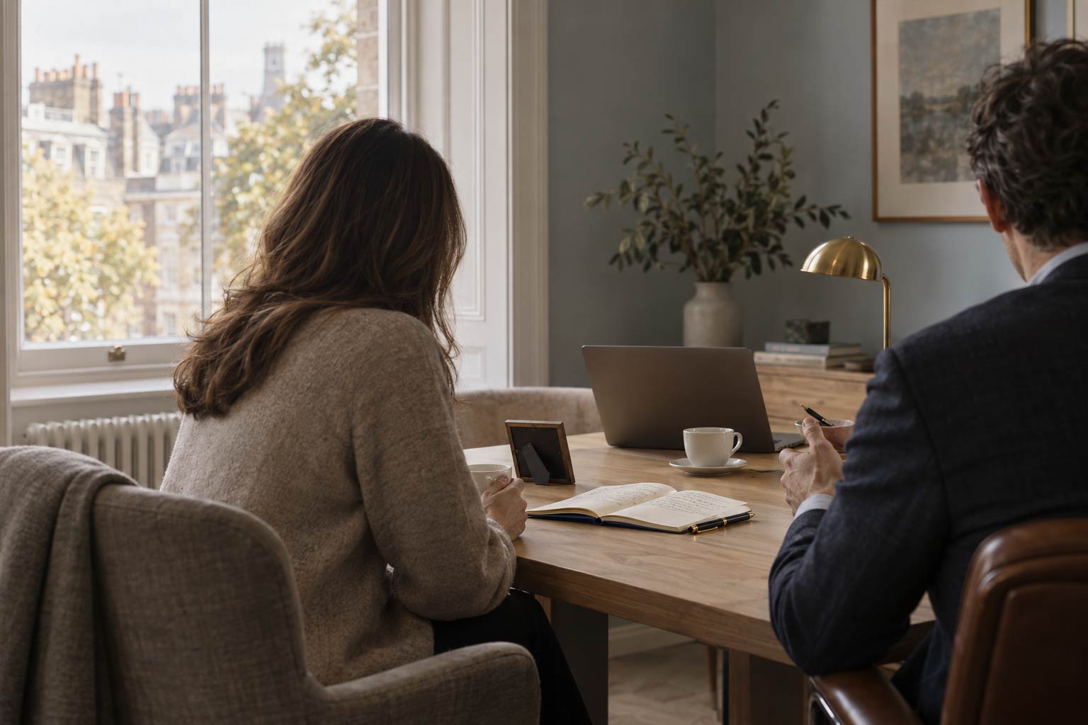 A one to one business and life coaching session at a table beside a window in a London office