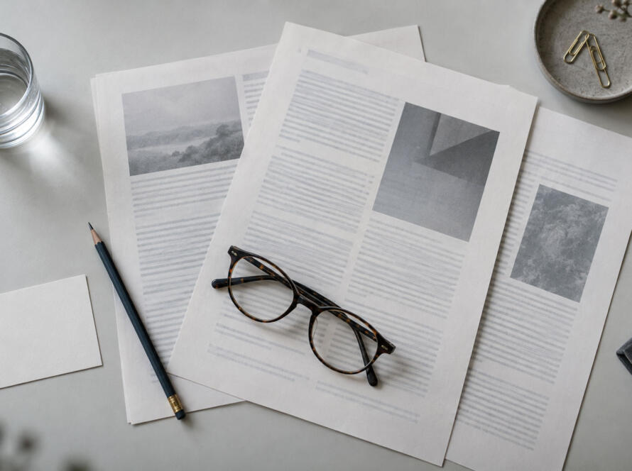 Printed UK research documents, reading glasses and a pencil arranged on a pale desk, seen from above