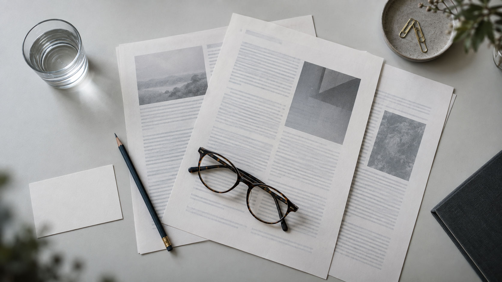 Printed UK research documents, reading glasses and a pencil arranged on a pale desk, seen from above