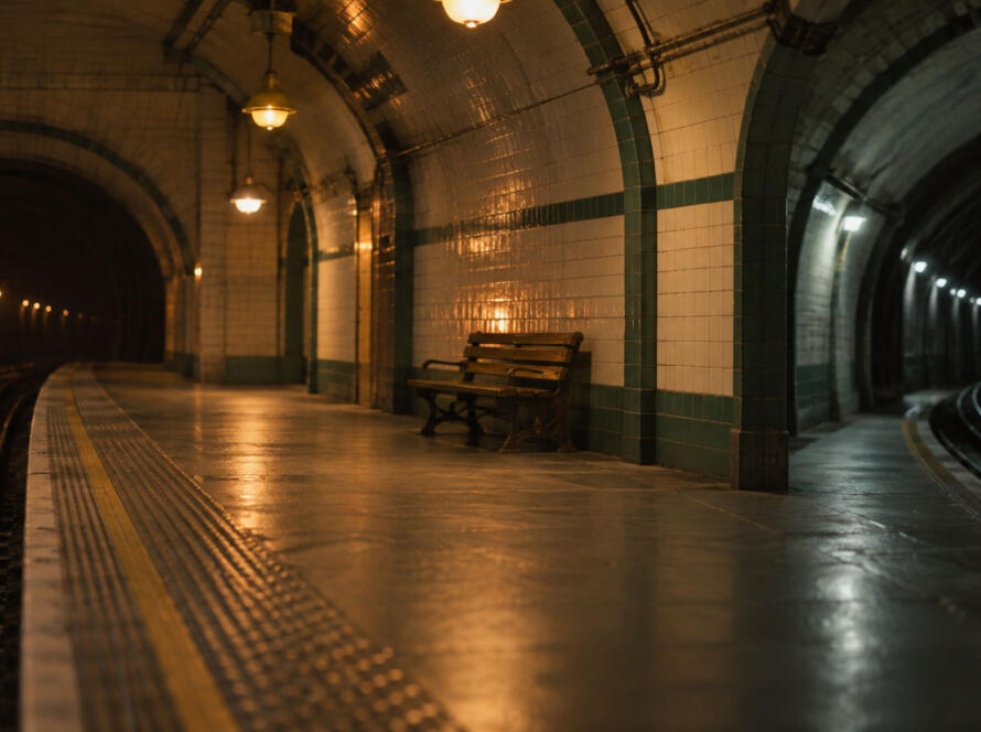 A quiet London Underground platform in the evening with an empty bench and two tunnel mouths leading in opposite directions