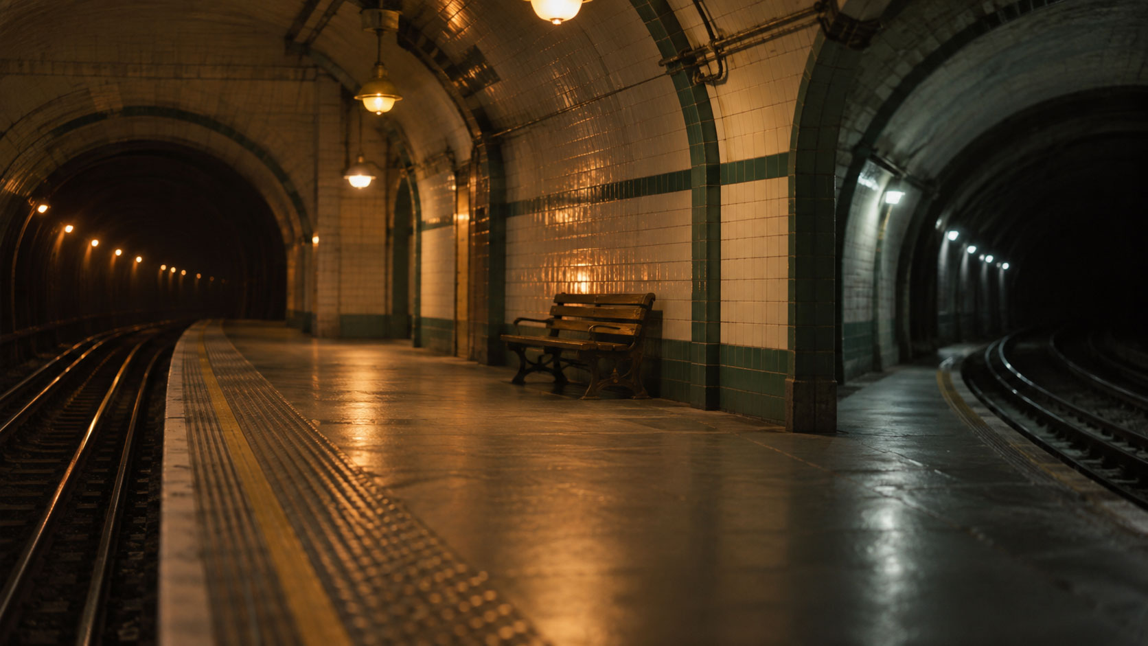 A quiet London Underground platform in the evening with an empty bench and two tunnel mouths leading in opposite directions