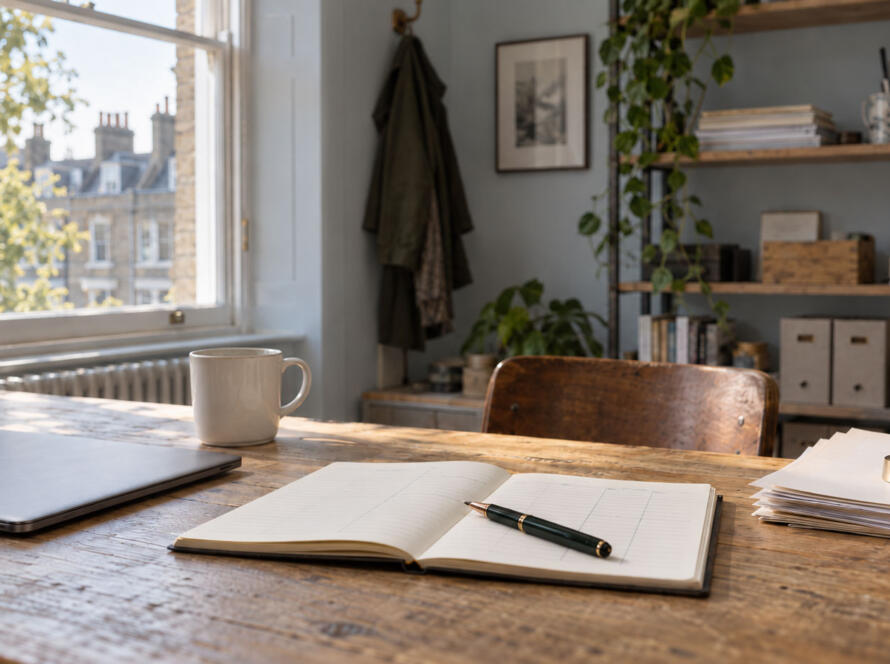 A small independent London business workspace with a notebook, invoices and morning light from a sash window