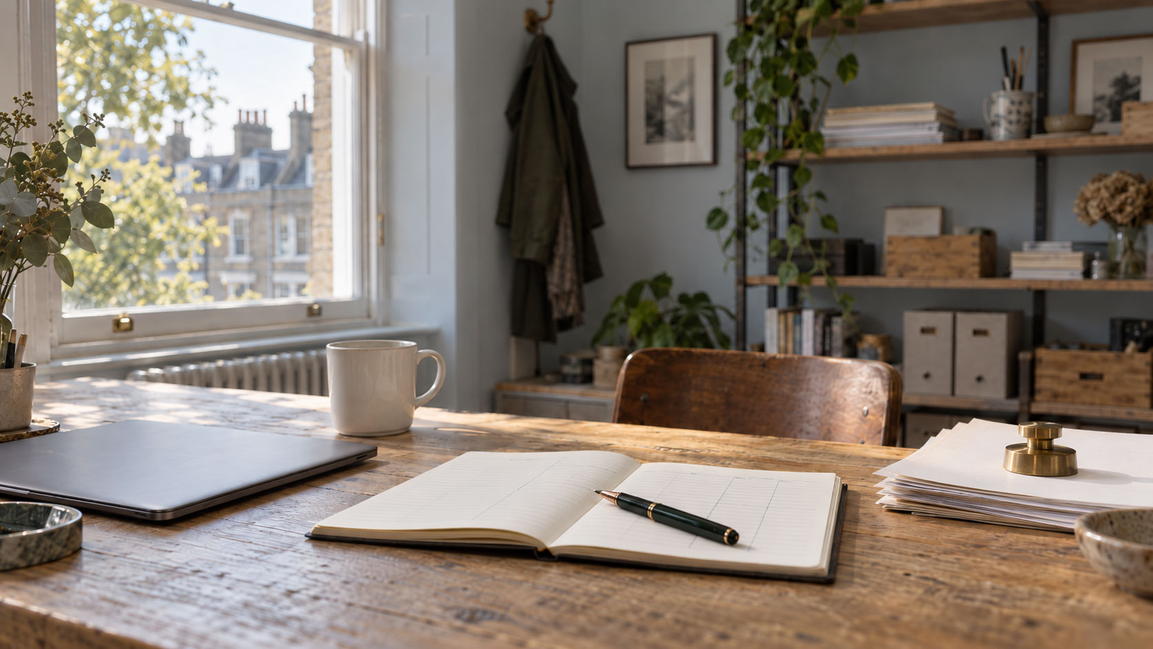 A small independent London business workspace with a notebook, invoices and morning light from a sash window