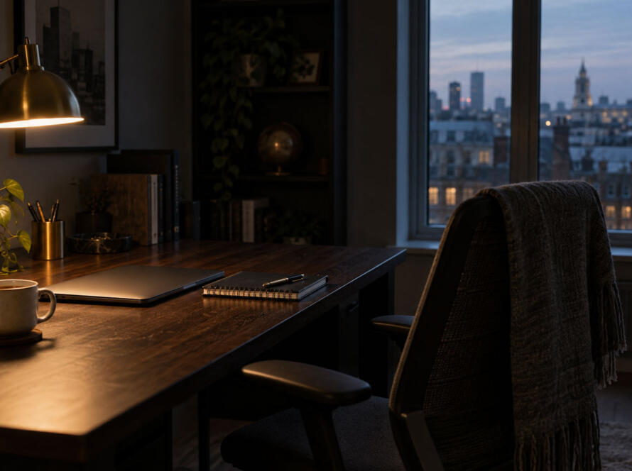 A small London office at the end of the day, with an empty chair turned away from a closed laptop and a notebook on the desk