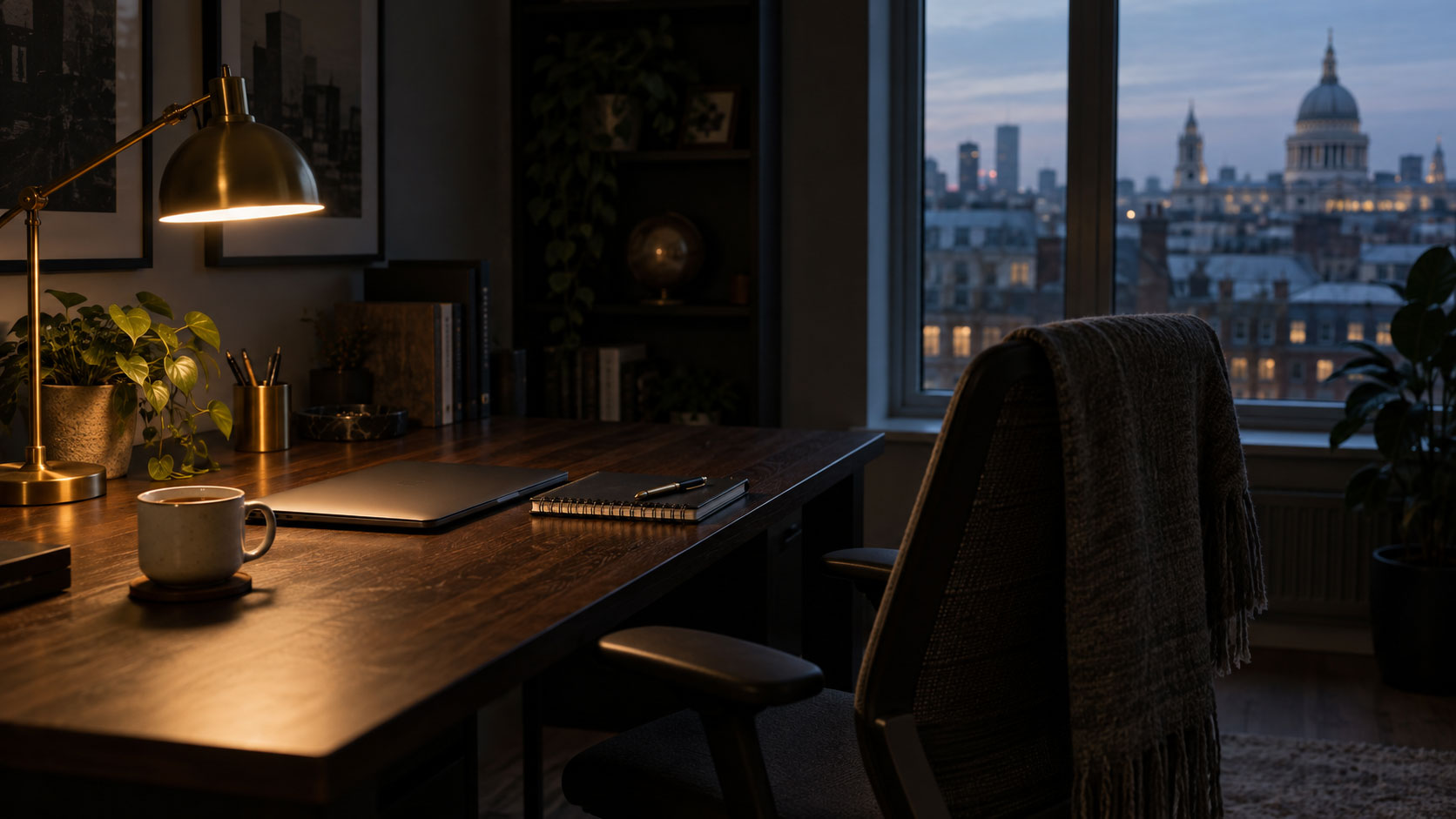 A small London office at the end of the day, with an empty chair turned away from a closed laptop and a notebook on the desk