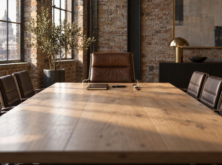An empty brown leather chair at the head of a long oak boardroom table in a brick-walled London warehouse office, morning light through tall windows, a closed notebook, a pen and a wristwatch on the table