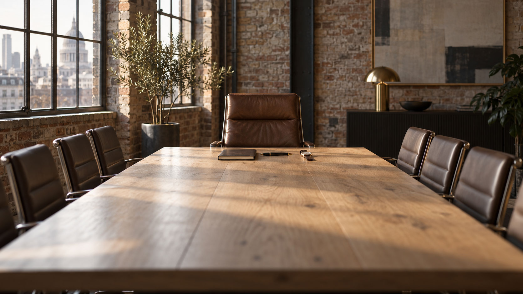 An empty brown leather chair at the head of a long oak boardroom table in a brick-walled London warehouse office, morning light through tall windows, a closed notebook, a pen and a wristwatch on the table